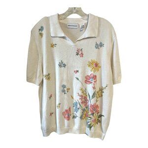 Vintage Alfred Dunner XL Floral Knit Polo Sweater – Ramie Cotton – Garden Flower